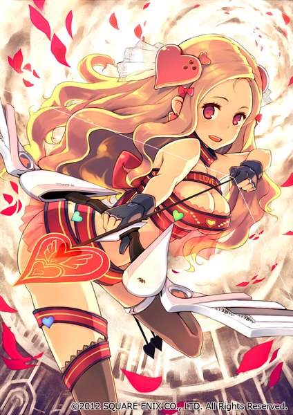 Anime picture 723x1023 with galaxy dungeon square enix keypot single long hair tall image breasts open mouth light erotic blonde hair bare shoulders looking away bent knee (knees) clothes writing archery 2012 girl thighhighs skirt gloves