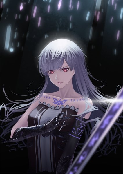 Anime picture 1240x1753 with original red-d single long hair tall image looking at viewer fringe breasts simple background red eyes bare shoulders silver hair upper body blunt bangs parted lips lips tattoo lipstick black background pink lipstick