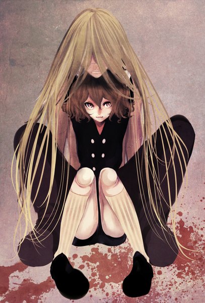 Anime picture 1529x2254 with hunter x hunter neferupito kite (hunter x hunter) noboes long hair tall image looking at viewer short hair open mouth blonde hair smile brown hair sitting animal ears cat ears angry girl boy socks blood