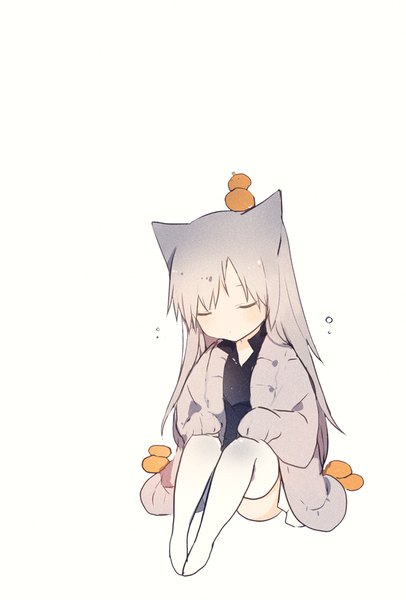 Anime picture 629x929 with original lpip single long hair tall image blush fringe simple background white background sitting animal ears silver hair full body bent knee (knees) eyes closed long sleeves cat ears open clothes cat girl no shoes