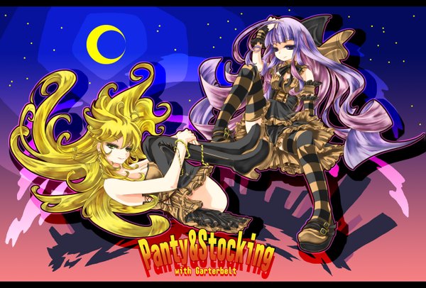 Anime picture 1300x880 with panty & stocking with garterbelt anarchy stocking anarchy panty r0g0b0 long hair blonde hair purple eyes multiple girls yellow eyes purple hair night letterboxed crescent girl thighhighs 2 girls moon striped thighhighs
