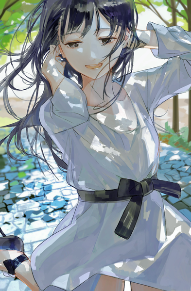 Anime picture 1064x1622 with original aspara single long hair tall image open mouth black hair smile looking away bent knee (knees) :d wind black eyes adjusting hair arms behind head girl dress plant (plants) tree (trees) white dress