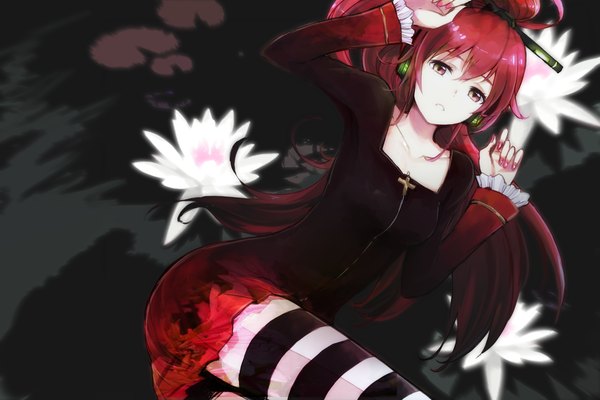 Anime picture 1800x1200 with vocaloid cul minato (shouno) single long hair highres red eyes ponytail red hair dark background girl thighhighs dress hair ornament flower (flowers) headphones striped thighhighs