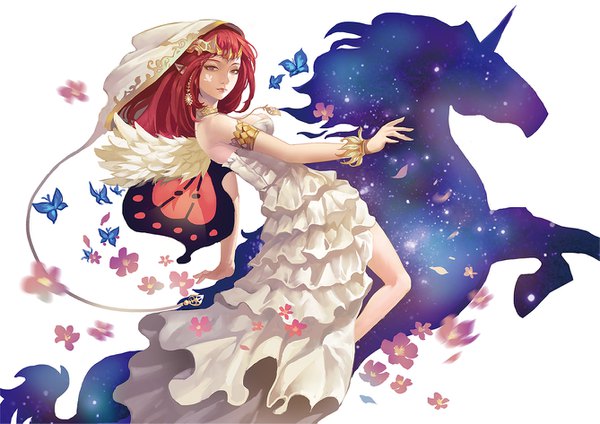Anime picture 1337x945 with original pindleskin single long hair white background bare shoulders cleavage red hair pink eyes pointy ears facial mark spread arms insect wings butterfly wings girl dress flower (flowers) earrings animal wings