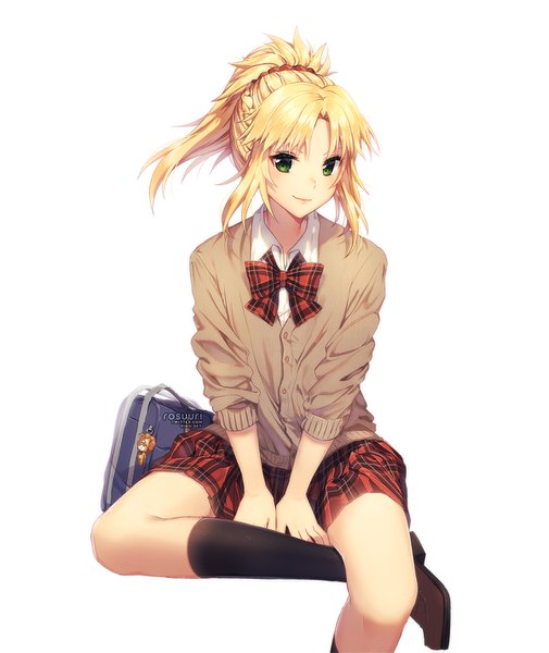 Anime picture 1200x1425 with fate (series) fate/apocrypha artoria pendragon (all) mordred (fate) saber lion rosuuri single tall image looking at viewer fringe short hair blonde hair simple background smile white background sitting green eyes signed payot ponytail