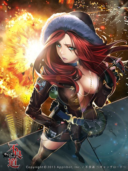 Anime picture 750x1000 with ukero long hair tall image looking at viewer breasts light erotic large breasts green eyes red hair nail polish from above wind open clothes open jacket city facial mark light cityscape hand in pocket city lights