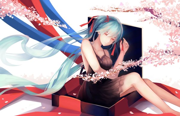 Anime picture 1600x1032 with vocaloid hatsune miku .l.l single twintails eyes closed very long hair aqua hair girl dress flower (flowers) ribbon (ribbons) hair ribbon petals