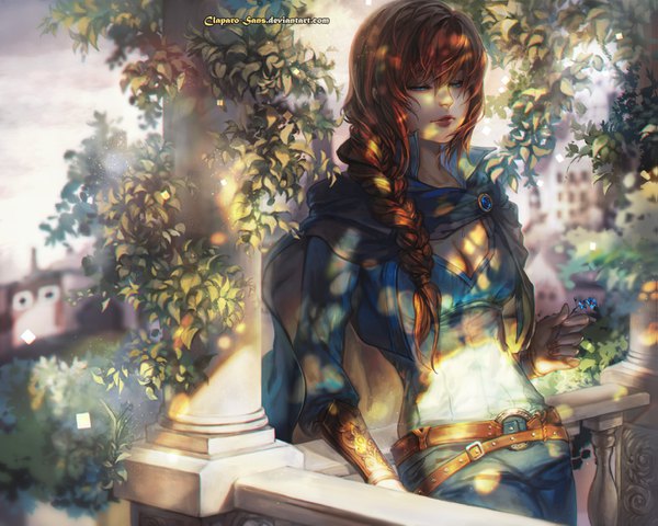 Anime picture 1375x1100 with original claparo-sans single long hair fringe breasts blue eyes hair between eyes brown hair standing holding signed cleavage outdoors braid (braids) parted lips lips sunlight blurry inscription