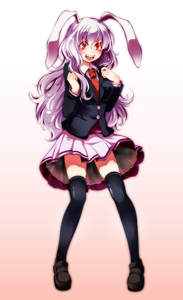 Anime picture 1528x2500 with touhou reisen udongein inaba s-syogo single long hair tall image blush open mouth red eyes white background animal ears purple hair bunny ears bunny girl girl thighhighs skirt black thighhighs