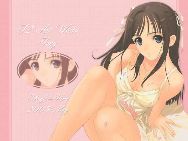 Anime picture 1024x768 with original tony taka long hair breasts light erotic brown hair sitting brown eyes cleavage wallpaper girl dress ribbon (ribbons) hair ribbon petals