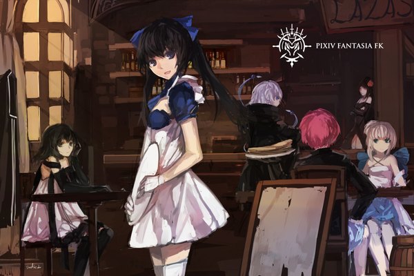 Anime picture 2125x1417 with original pixiv fantasia pixiv fantasia fallen kings paradise (character) swd3e2 long hair looking at viewer highres blue eyes black hair blonde hair red eyes twintails multiple girls signed pink hair purple hair indoors hair flower multiple boys