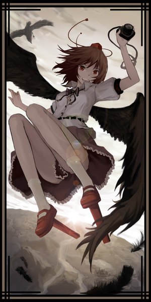 Anime picture 1562x3124 with touhou shameimaru aya as109 single tall image highres short hair red eyes brown hair legs flying black wings girl skirt bow animal wings socks bird (birds) white socks