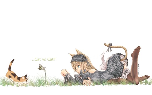 Anime picture 1680x1050 with elle ciel single long hair open mouth blue eyes blonde hair wide image white background animal ears tail animal tail cat ears cat girl cat tail pantyshot no shoes gothic girl thighhighs dress