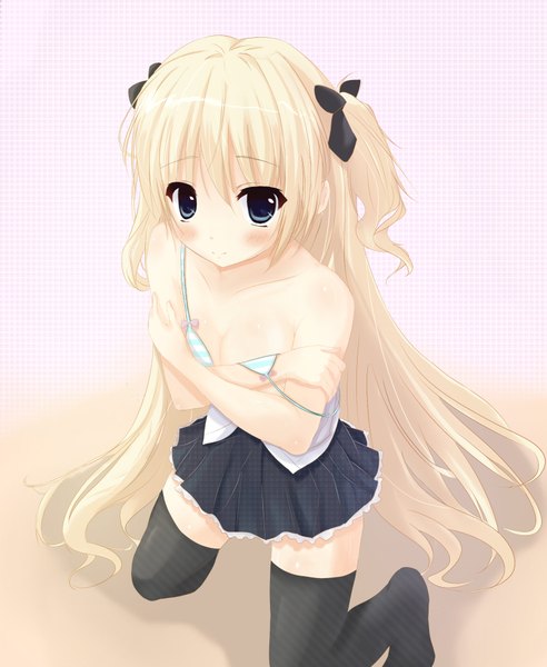 Anime picture 1600x1950 with original okino ryuuto long hair tall image blush blue eyes light erotic blonde hair girl thighhighs skirt bow black thighhighs hair bow miniskirt