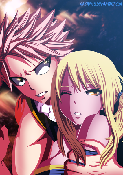 Anime picture 2832x4000 with fairy tail lucy heartfilia natsu dragneel tongasart long hair tall image highres short hair blonde hair bare shoulders brown eyes pink hair sky cloud (clouds) ponytail one eye closed wink black eyes sunlight tattoo