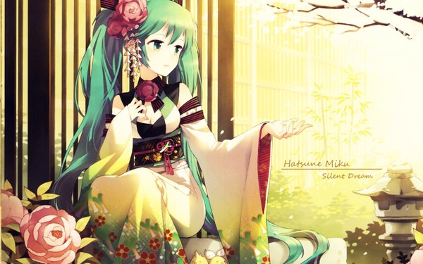 Anime picture 1440x900 with vocaloid hatsune miku nardack single wide image sitting twintails green eyes cleavage very long hair hair flower green hair girl hair ornament flower (flowers) detached sleeves petals belt