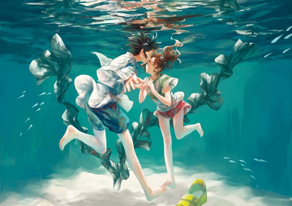 Anime picture 1240x876 with spirited away studio ghibli haku (spirited away) ogino chihiro w w w wloveless long hair fringe black hair brown hair ponytail eyes closed barefoot wet happy reflection underwater girl boy water shoes