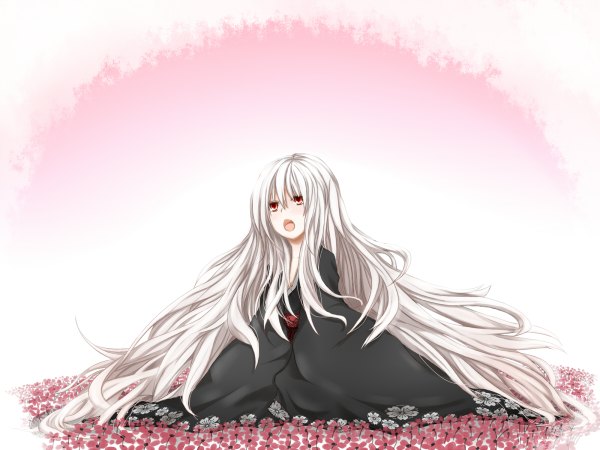 Anime picture 1200x900 with original azure luna single open mouth red eyes white hair very long hair girl dress flower (flowers)