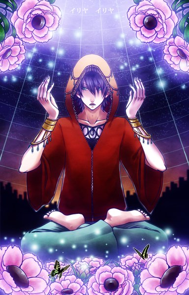 Anime picture 1000x1561 with nico nico singer fukuwa seino single tall image short hair blue eyes sitting green eyes purple hair barefoot night night sky city cityscape indian style flower (flowers) bracelet hood insect