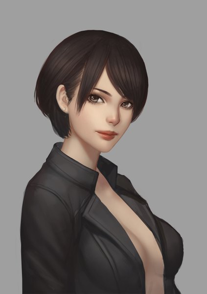 Anime picture 1000x1417 with original youyi (jiam009) single tall image looking at viewer short hair black hair simple background brown eyes grey background open clothes girl