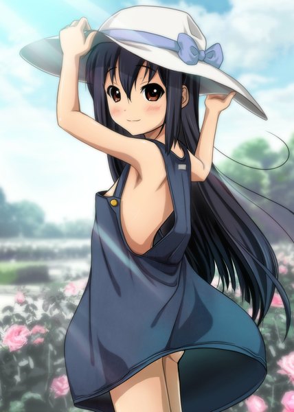 Anime picture 1140x1599 with k-on! kyoto animation nakano azusa ryunnu long hair tall image blush black hair twintails brown eyes loli girl flower (flowers) hat glasses sundress