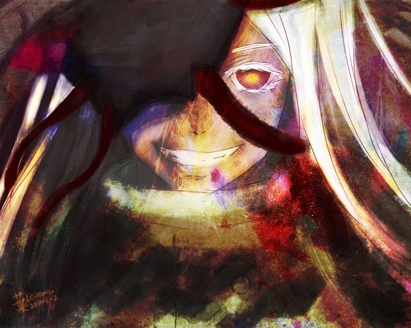 Anime picture 1280x1024 with deadman wonderland shiro (deadman wonderland) single looking at viewer signed white hair grin close-up multicolored eyes girl mask