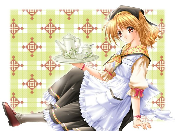 Anime picture 1024x768 with kimizuka aoi blonde hair waitress tea set bow frills cup tray shawl