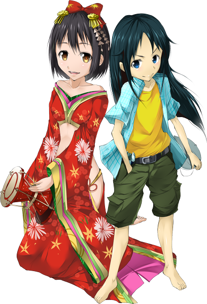Anime picture 1201x1766 with solru (tyappygain) long hair tall image looking at viewer short hair open mouth blue eyes black hair multiple girls yellow eyes long sleeves traditional clothes barefoot green hair transparent background girl 2 girls