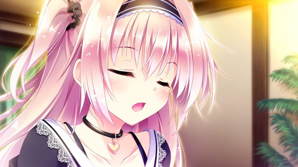 Anime picture 1920x1080 with golden marriage ensemble (studio) amaya rei hayakawa harui single long hair blush fringe highres open mouth hair between eyes wide image pink hair game cg upper body indoors eyes closed two side up close-up girl