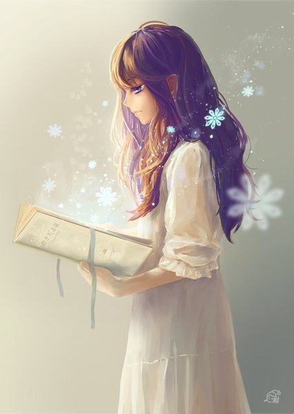 Anime picture 1200x1691 with original mikan (artist) single long hair tall image blue eyes brown hair standing looking away profile expressionless glow girl dress ribbon (ribbons) white dress book (books) snowflake (snowflakes)