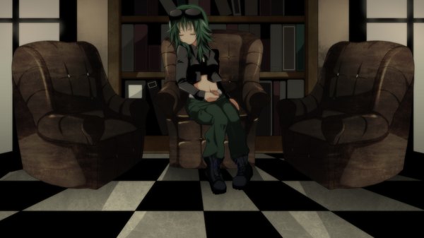 Anime picture 1600x900 with vocaloid gumi marirero a single short hair wide image sitting eyes closed green hair sleeping checkered floor girl glasses boots armchair