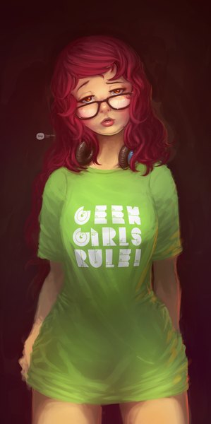 Anime picture 1772x3555 with original hikaruga single long hair tall image highres simple background red eyes pink hair red hair lips realistic clothes writing curly hair girl glasses headphones t-shirt