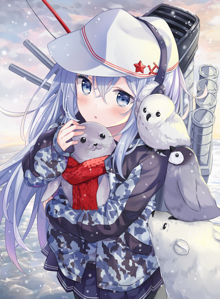 Anime picture 756x1029 with kantai collection hibiki destroyer verniy destroyer hitsukuya single long hair tall image looking at viewer blush fringe blue eyes hair between eyes silver hair long sleeves parted lips pleated skirt from above :o snowing winter