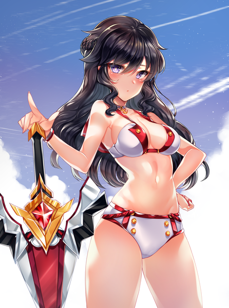 Anime picture 1300x1750 with elsword zerocat single long hair tall image looking at viewer blush fringe breasts light erotic black hair hair between eyes standing purple eyes payot sky cleavage cloud (clouds) braid (braids) fingernails