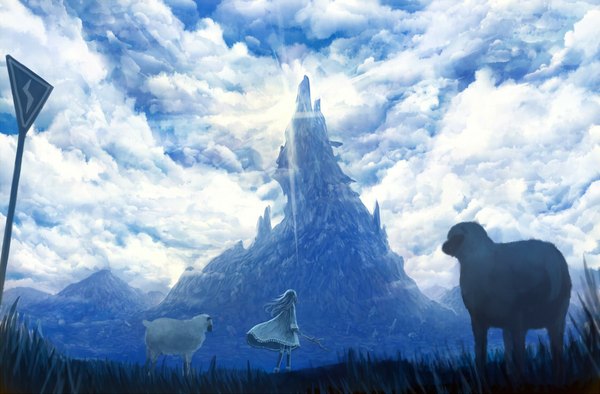 Anime picture 1120x736 with original bounin long hair sky cloud (clouds) white hair sunlight back blue background mountain girl plant (plants) animal grass branch sun traffic sign sheep