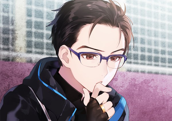 Anime picture 877x620 with yuri!!! on ice mappa katsuki yuuri uhouho14 single short hair black hair brown hair brown eyes upper body blurry finger to mouth finger in mouth thinking boy gloves glasses jacket fingerless gloves