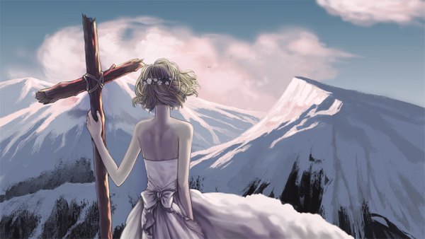 Anime picture 1205x680 with original aishiro1022 single short hair blonde hair wide image bare shoulders cloud (clouds) hair flower wind back winter snow mountain scenic girl dress hair ornament bow cross