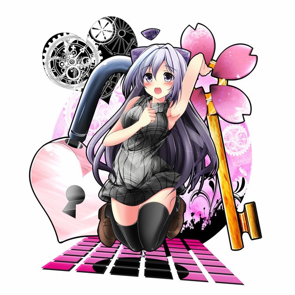 Anime picture 1104x1104 with original kiki (koikuchikinako) single long hair blush open mouth purple eyes silver hair zettai ryouiki girl thighhighs dress black thighhighs key gears