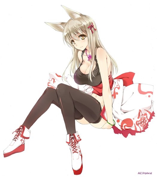 Anime picture 810x925 with original won (az hybrid) single long hair tall image looking at viewer blush simple background blonde hair white background sitting signed animal ears cleavage fox ears girl thighhighs hair ornament black thighhighs necklace