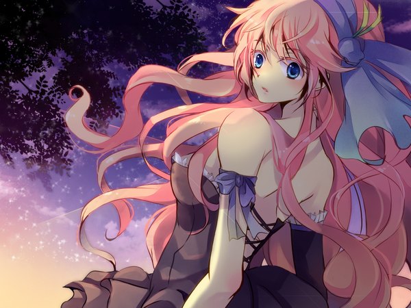 Anime picture 2000x1500 with vocaloid megurine luka single fringe highres blue eyes bare shoulders pink hair sky cloud (clouds) very long hair parted lips looking back evening bare back surprised girl dress bow plant (plants)