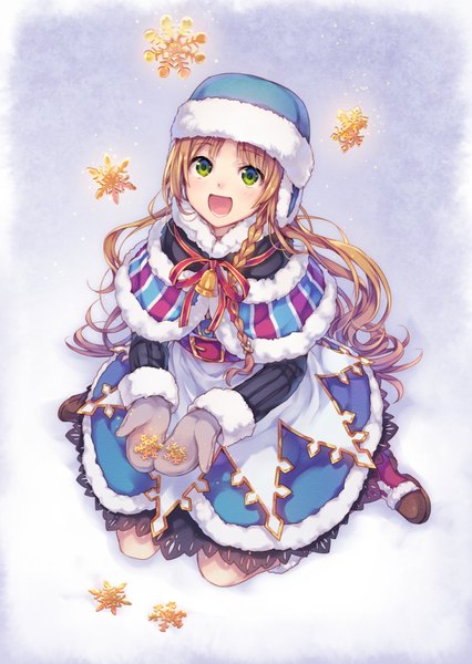 Anime picture 740x1042 with original natsu natsuna single long hair tall image fringe open mouth simple background blonde hair sitting green eyes braid (braids) snowing looking up winter snow girl dress ribbon (ribbons) belt
