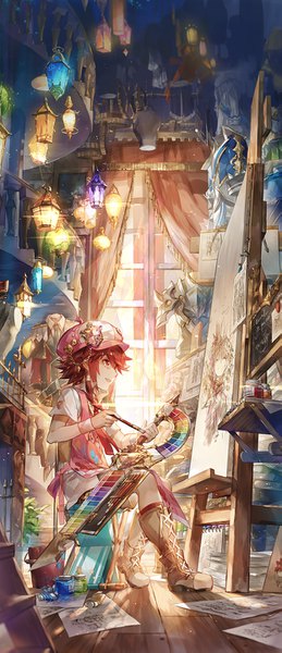 Anime picture 621x1437 with elsword elsword (character) scorpion5050 single tall image short hair open mouth red eyes brown hair sitting looking away full body indoors profile light lacing painting boy hat boots