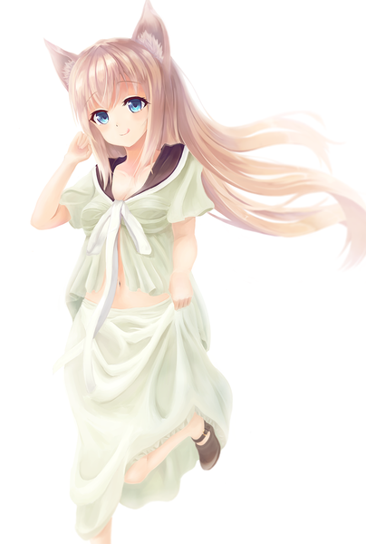 Anime picture 875x1300 with original alc (ex2 lv) single long hair tall image looking at viewer blush blue eyes blonde hair smile white background animal ears girl dress navel