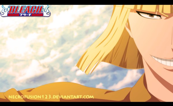 Anime picture 2000x1229 with bleach studio pierrot hirako shinji deskore necrofusion123 single highres short hair blonde hair smile wide image brown eyes sky cloud (clouds) inscription grin coloring close-up face boy