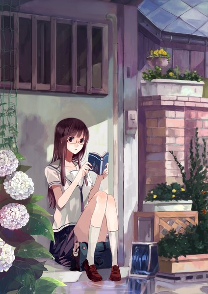 Anime picture 2480x3507 with original toryufu single long hair tall image looking at viewer highres sitting brown eyes girl flower (flowers) socks glasses serafuku book (books) white socks bag trinket puddle