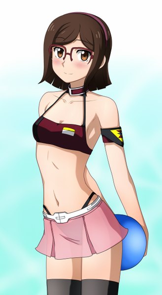 Anime picture 740x1350 with mobile suit gundam gundam build fighters sunrise (studio) kousaka china kenken tall image looking at viewer blush short hair light erotic brown hair brown eyes girl thighhighs navel black thighhighs miniskirt glasses hairband