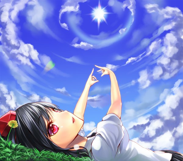 Anime picture 1129x1000 with touhou shameimaru aya unowen short hair black hair red eyes sky cloud (clouds) lying girl shirt sun