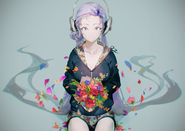 Anime picture 1273x900 with vocaloid hatsune miku oguchi (sugimoto gang) single simple background smile sitting twintails purple eyes purple hair very long hair grey background low twintails alternate hair color girl flower (flowers) petals jacket headphones bouquet