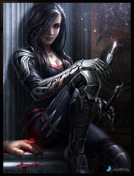 Anime picture 991x1300 with bogdanmrk (artist) single long hair tall image looking at viewer black hair sitting brown eyes realistic watermark light severed hand girl gloves weapon sword blood ring hand dagger