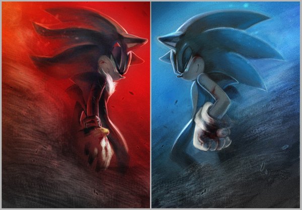 Anime picture 1619x1130 with sonic (series) sonic the hedgehog shadow the hedgehog mri smile red eyes green eyes face to face gloves animal hedgehog